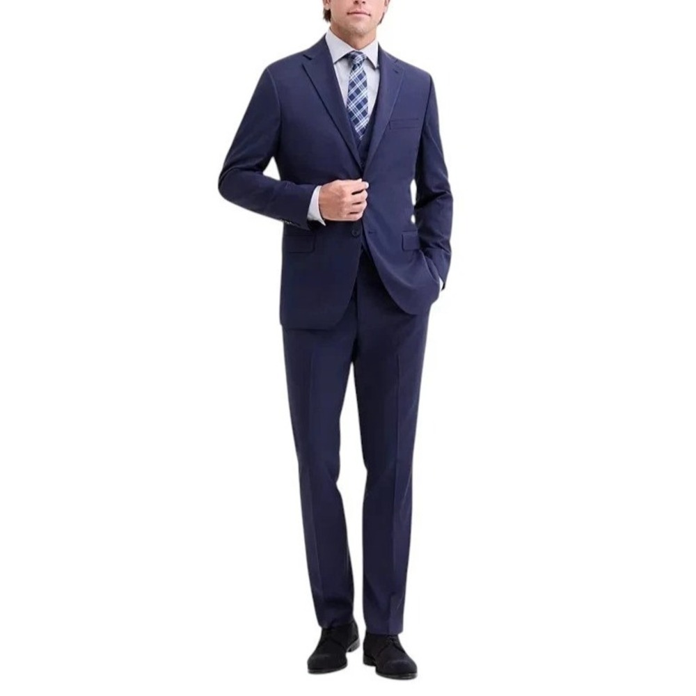 Dkny Mens Modern fit 3 Piece Vested Suit 44L 37x33 Navy Blue Solid Stretch